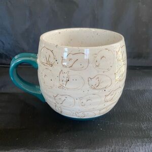 Anthropologie Teal and Cream Cat Mug by Designer Leah Reena Goren